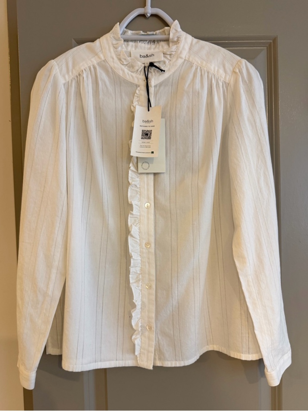 ba&sh “Lady Shirt” Cream Ruffle-Front Button Blouse